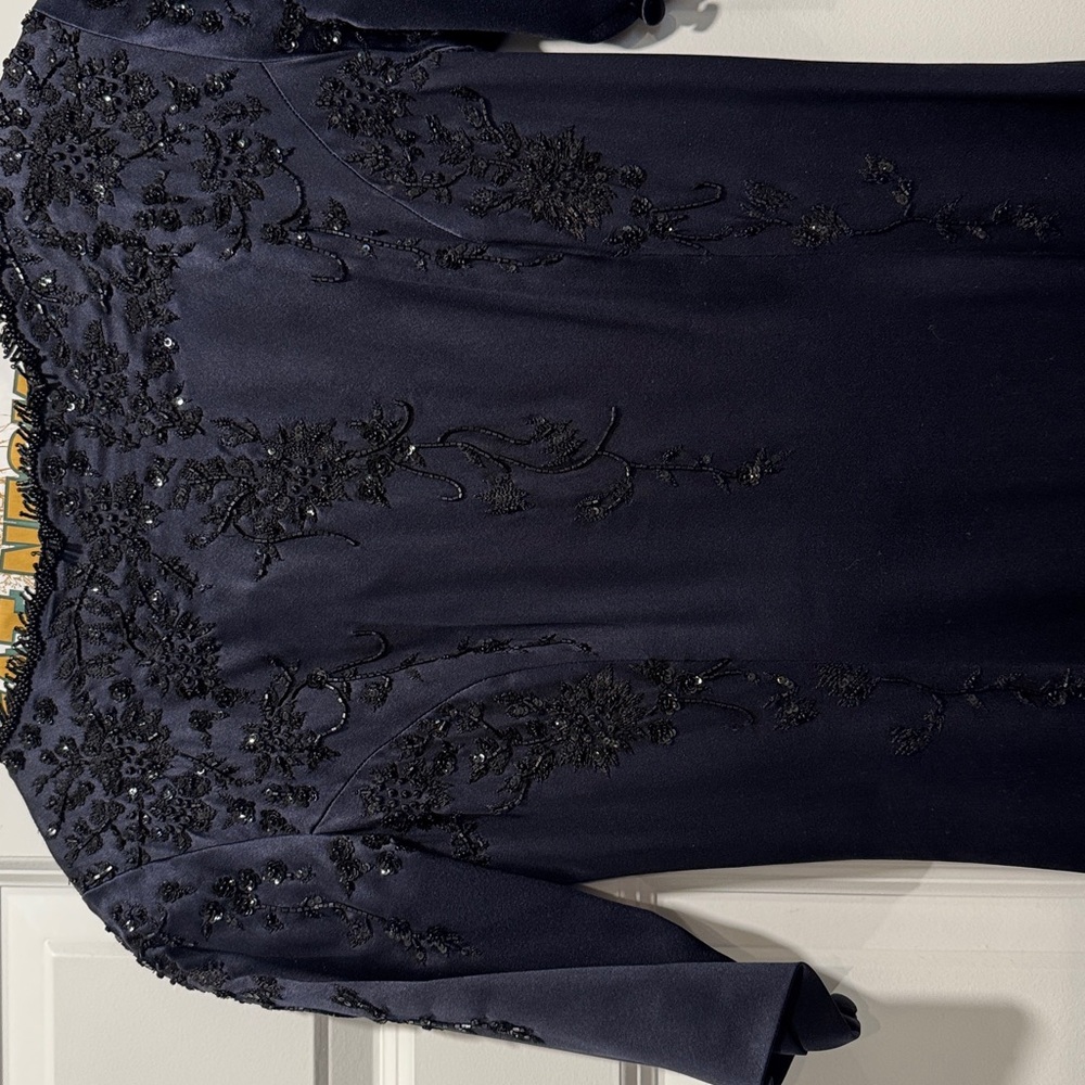 Zang Toi Navy Satin Embellished Evening Gown
